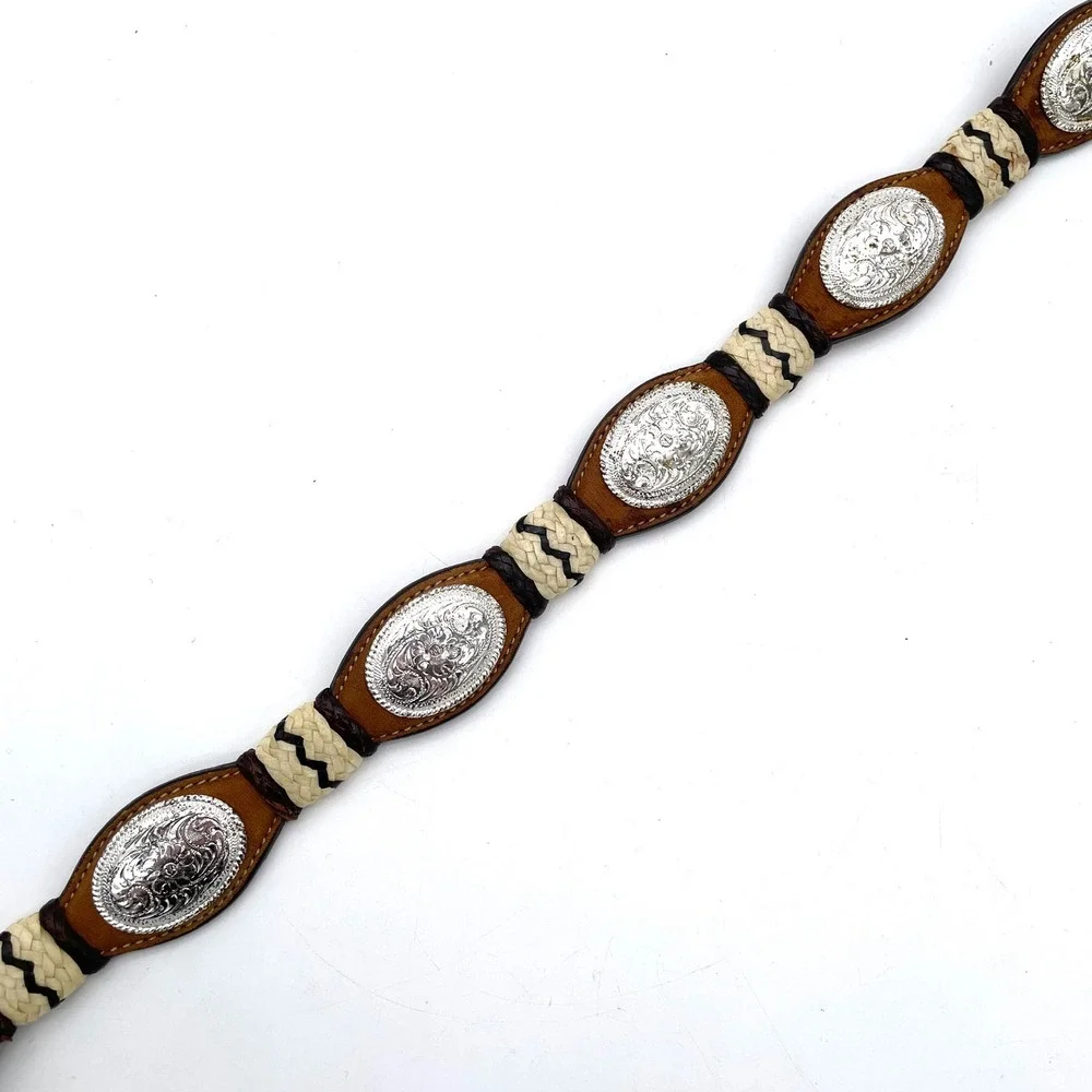 Vintage Belt Leather Women 36 Brown Good Western Concho Engraved Buckle 7929L